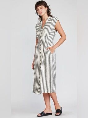 Anthropologie Self Contrast Striped Button-Front Midi Dress in Black and Cream